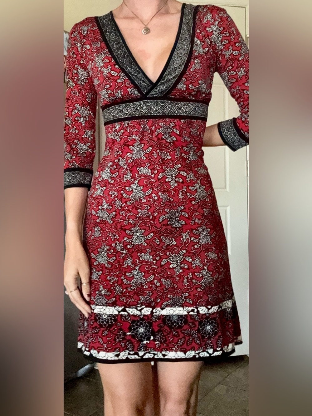 MSSP Red White Black Paisley Mini Dress V Neck Wrap Half Sleeves XS